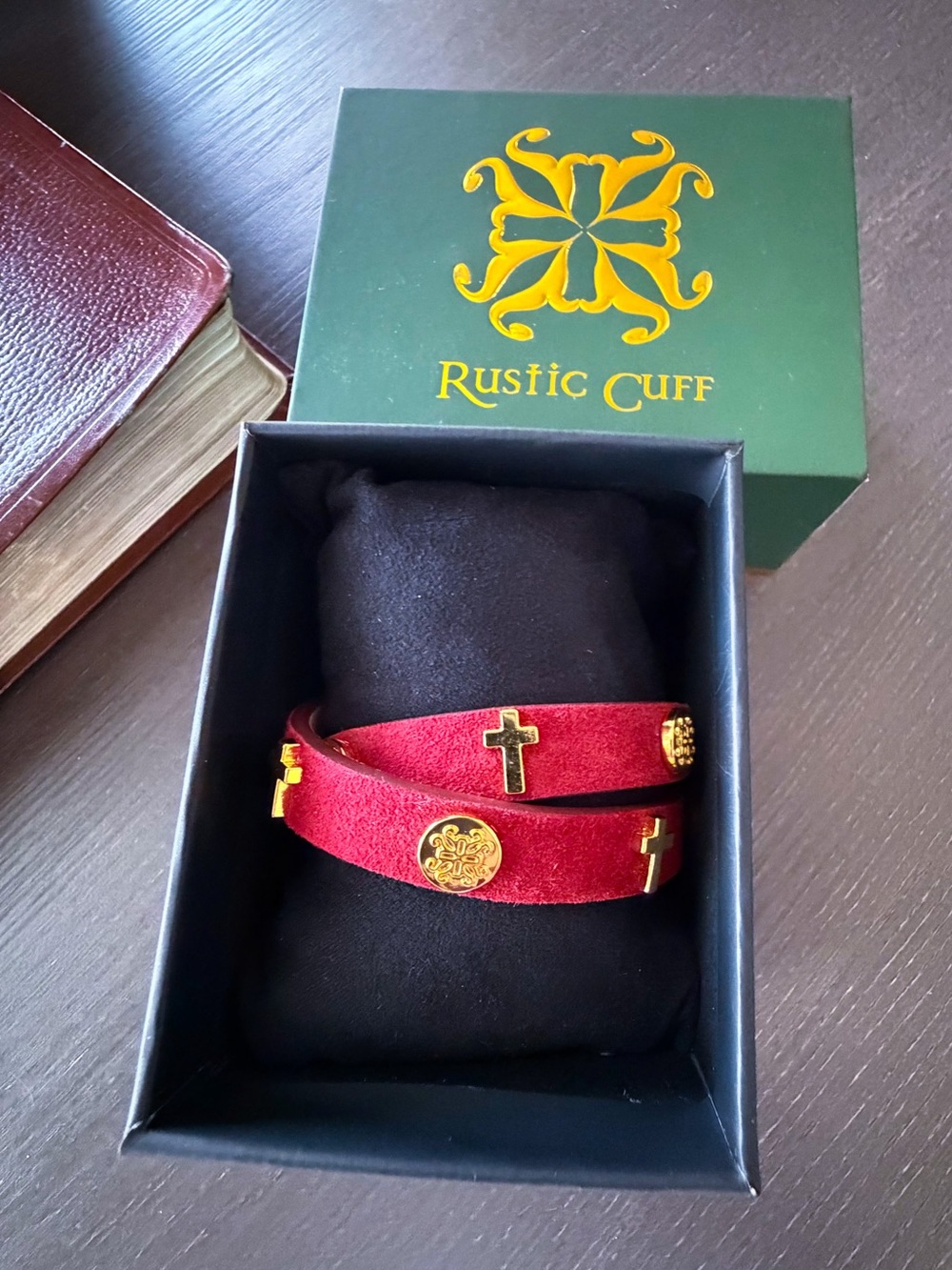 Rustic Cuff Burgundy Suede Leather Cross Wrap Bracelet Gold Tone w/ Gift Box
